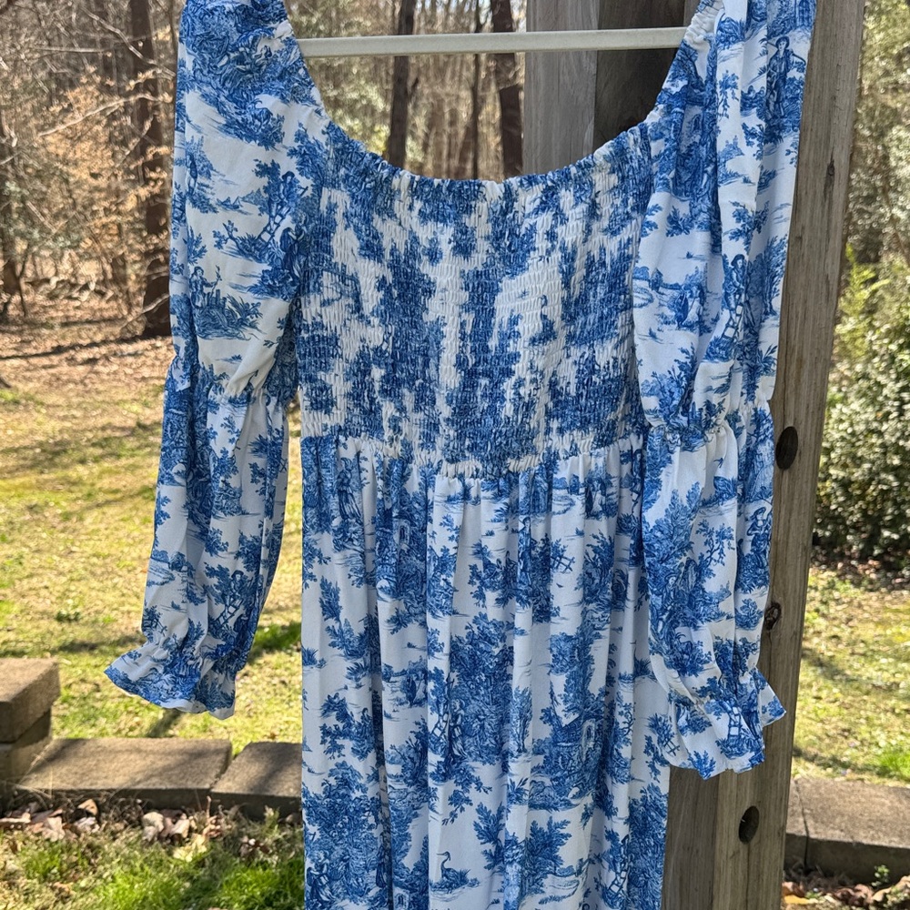 Blue and White Floral Toile Maxi Dress